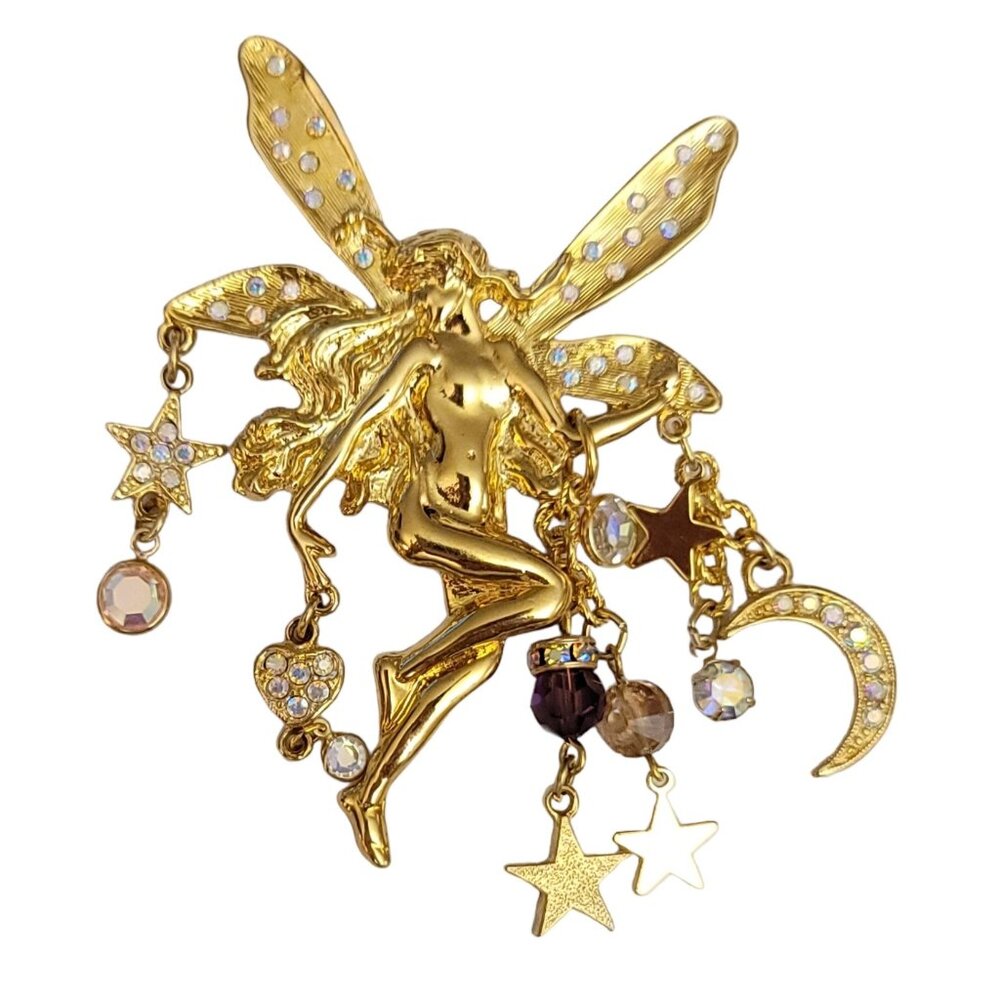 Kirks Folly Gold Tone Multi Charm Crystal Dangle Fairy Brooch, Signed M473